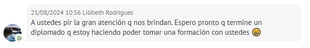 Captura real de un testimonio de alumna de Coach Estético