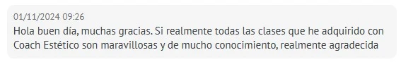Captura real de un testimonio de alumna de Coach Estético