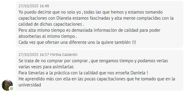 Captura real de un testimonio de alumna de Coach Estético