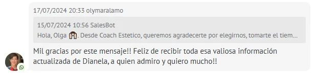 Captura real de un testimonio de alumna de Coach Estético