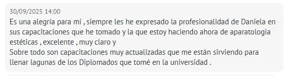Captura real de un testimonio de alumna de Coach Estético