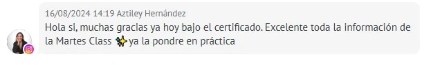 Captura real de un testimonio de alumna de Coach Estético